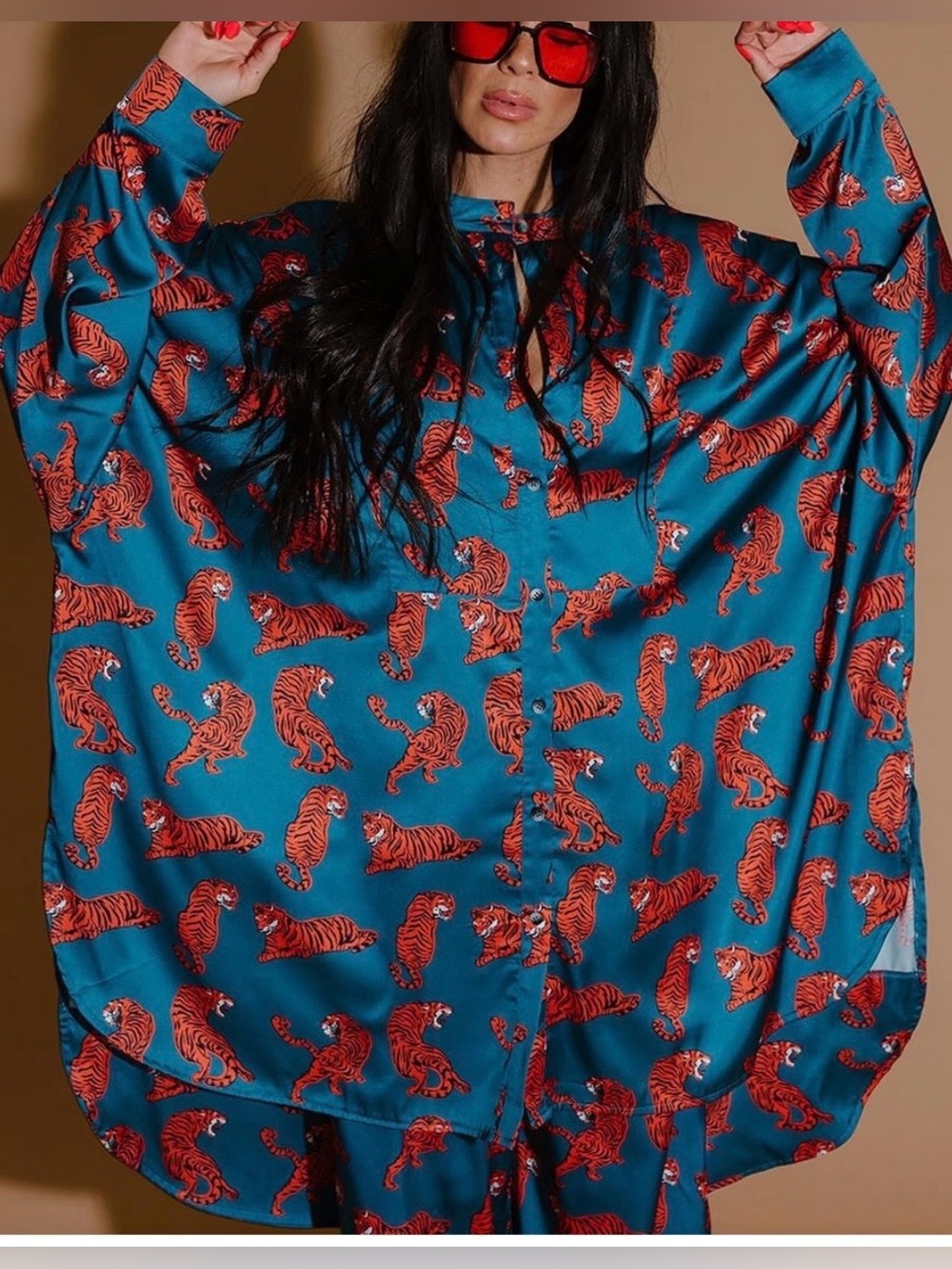 Dressed in LALA Teal Button-Down Shirt with Red Tiger Print
